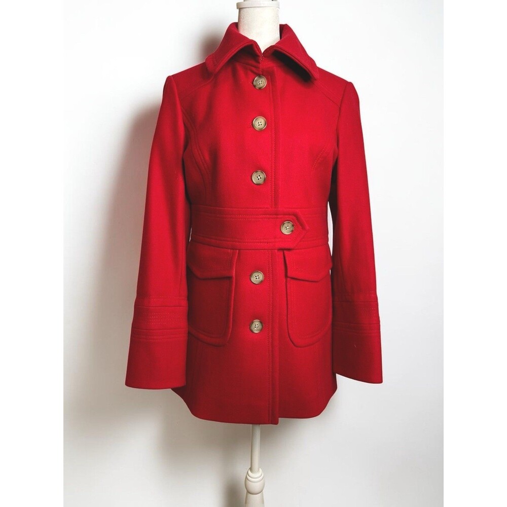 J. Crew Factory Wool Blend Coat Red Mid Length Women's Size 8 Preppy Career EUC